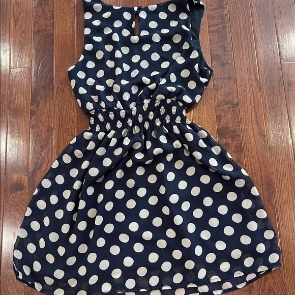 Navy and mocha polka dot smocked waist dress size small - Picture 3 of 5